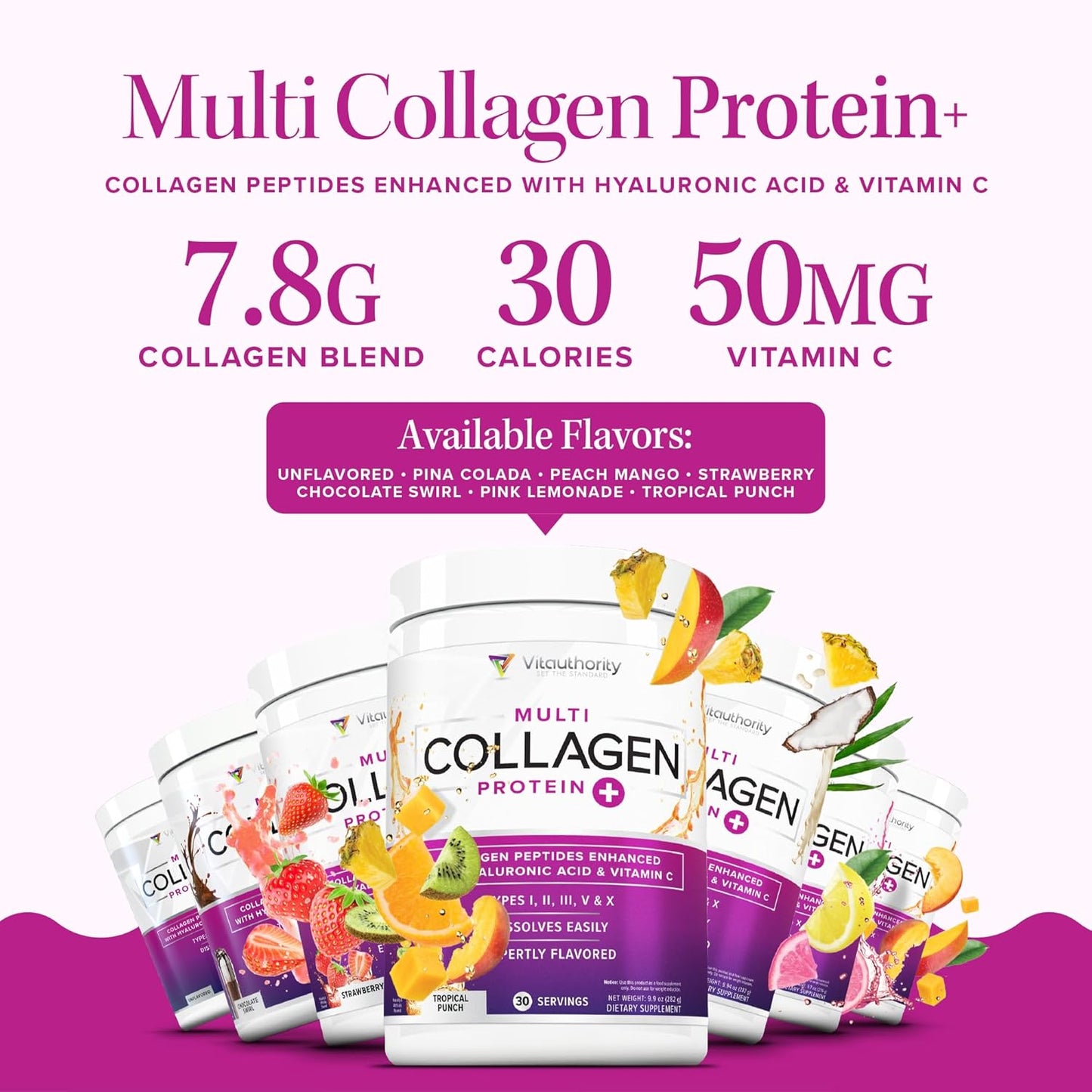 Grass Fed Multi Collagen Peptides Powder with Hyaluronic Acid and Vitamin C for Hair, Skin, and Nails - Instant Dissolving Drink Mix for Men and Women