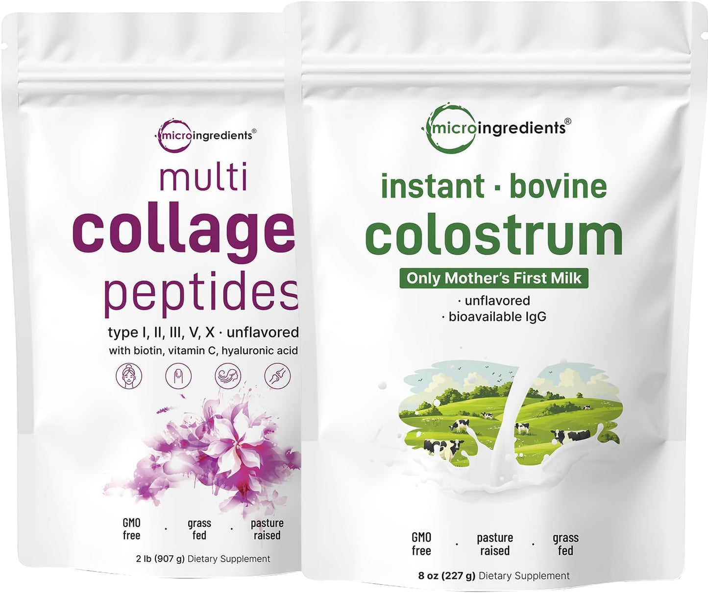 Grass-Fed Multi Collagen Protein Powder & Colostrum Bundle - 2lbs Each | Premium Bovine Peptides & Instant Mother’s Milk - 2 Pack