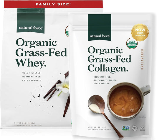 Grass Fed Organic Whey Protein Powder Vanilla Flavor 5 lb + Clean Collagen Peptides Powder 10.7oz Unflavored