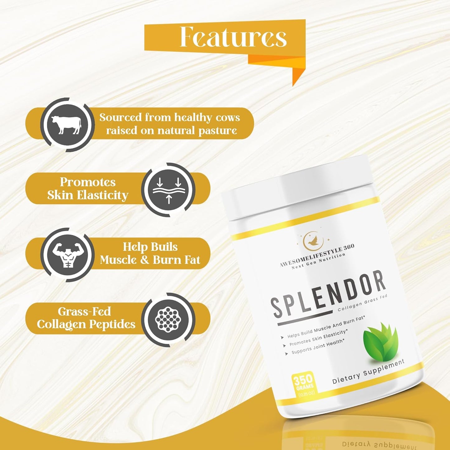Grass-Fed Splendor Collagen Peptides Powder for Next Gen Nutrition - Type I & III Collagen Peptides from Healthy Cows