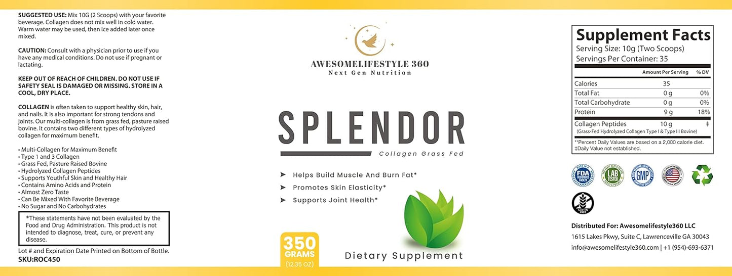 Grass-Fed Splendor Collagen Peptides Powder for Next Gen Nutrition - Type I & III Collagen Peptides from Healthy Cows