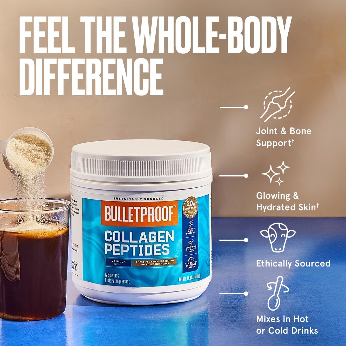 Grass-Fed Vanilla Collagen Peptides Powder with MCT Oil - 14.3 oz - Supports Skin, Bone, and Joints - Hormone-Free
