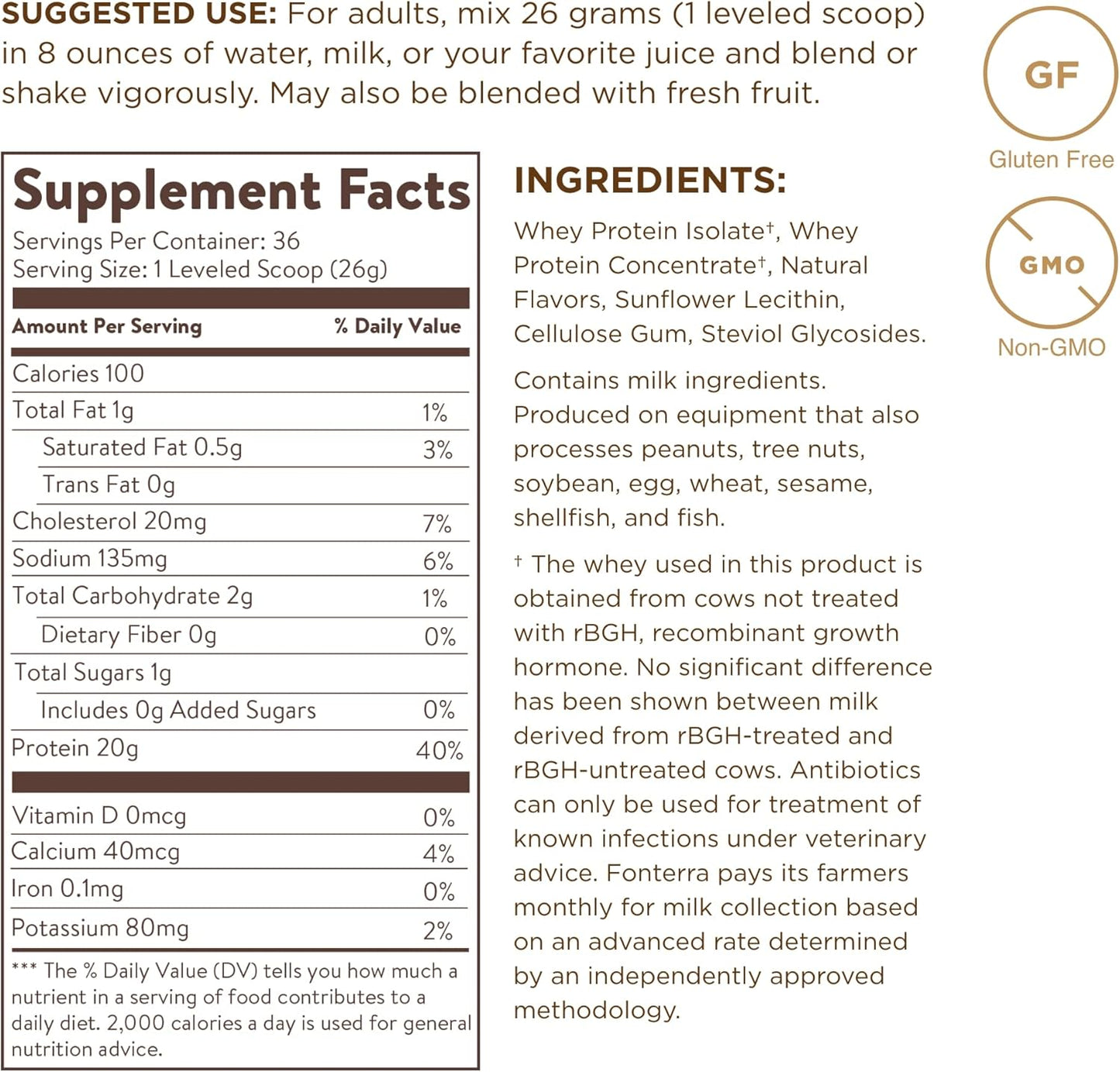 Grass-Fed Vanilla Whey Protein Powder - Non-GMO, Gluten-Free - 2 lb - 36 Servings