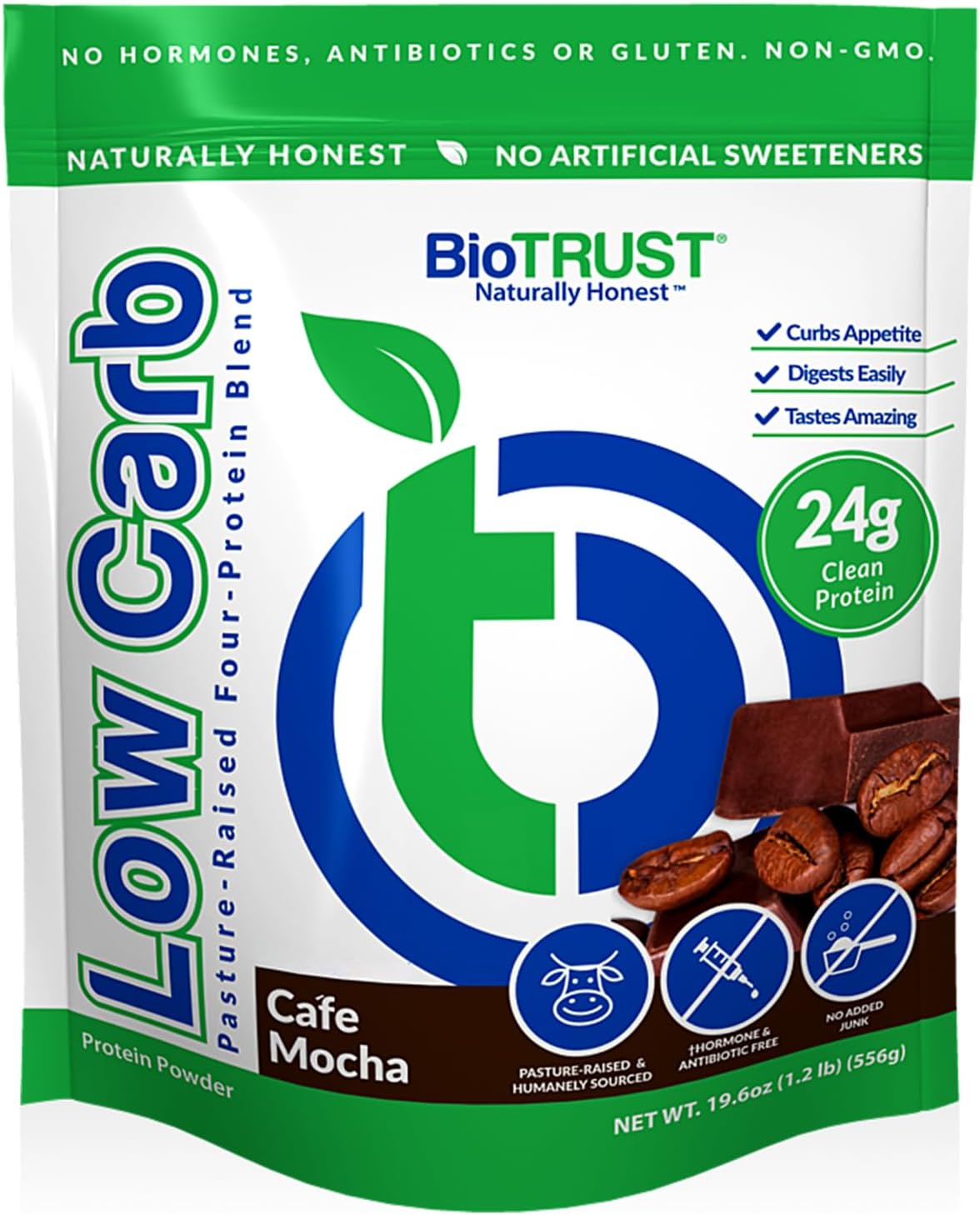 Grass-Fed Whey & Casein Protein Powder - BioTrust Low Carb Blend (Cafe Mocha) - Non-GMO, Gluten-Free