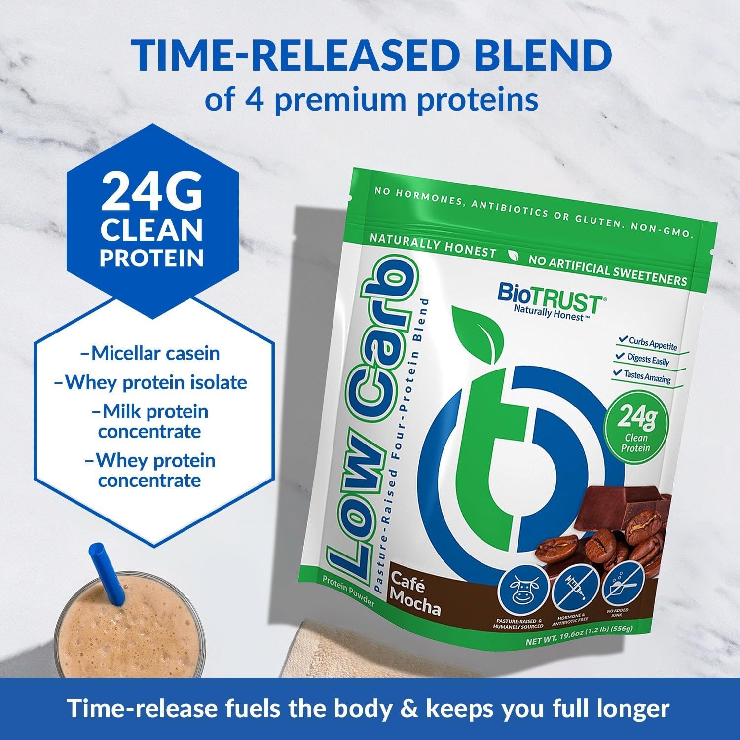 Grass-Fed Whey & Casein Protein Powder - BioTrust Low Carb Blend (Cafe Mocha) - Non-GMO, Gluten-Free