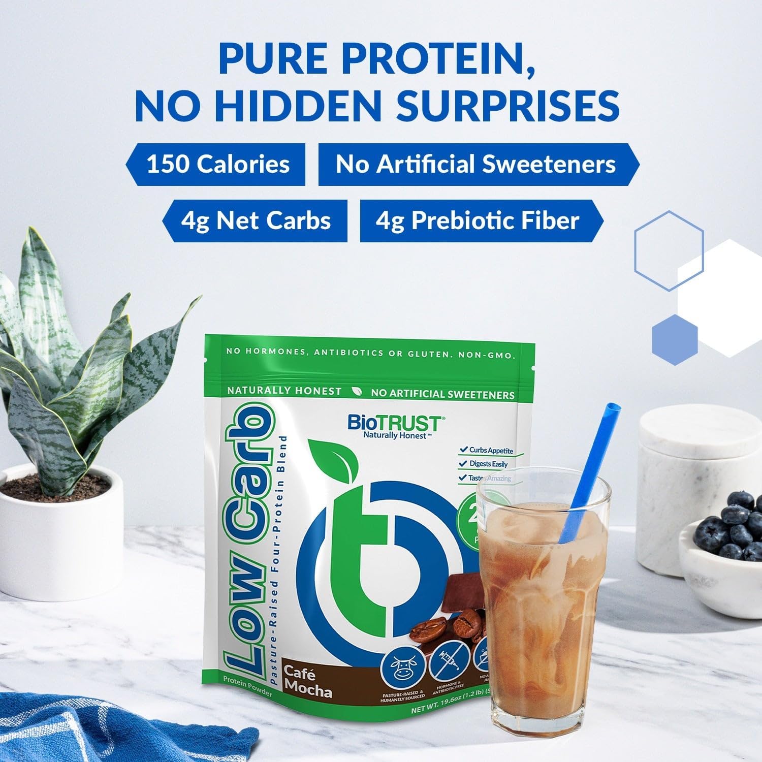 Grass-Fed Whey & Casein Protein Powder - BioTrust Low Carb Blend (Cafe Mocha) - Non-GMO, Gluten-Free