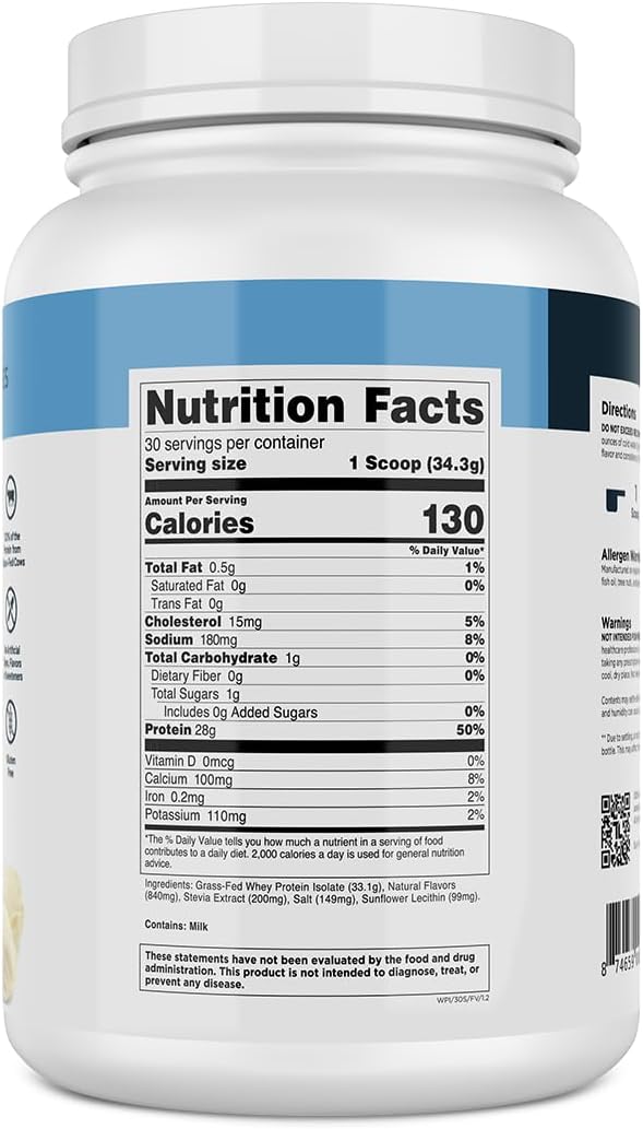 Grass-Fed Whey Protein Isolate - French Vanilla Flavor, Gluten-Free Powder with 28g Protein & 9 Amino Acids - 30 Servings by Transparent Labs