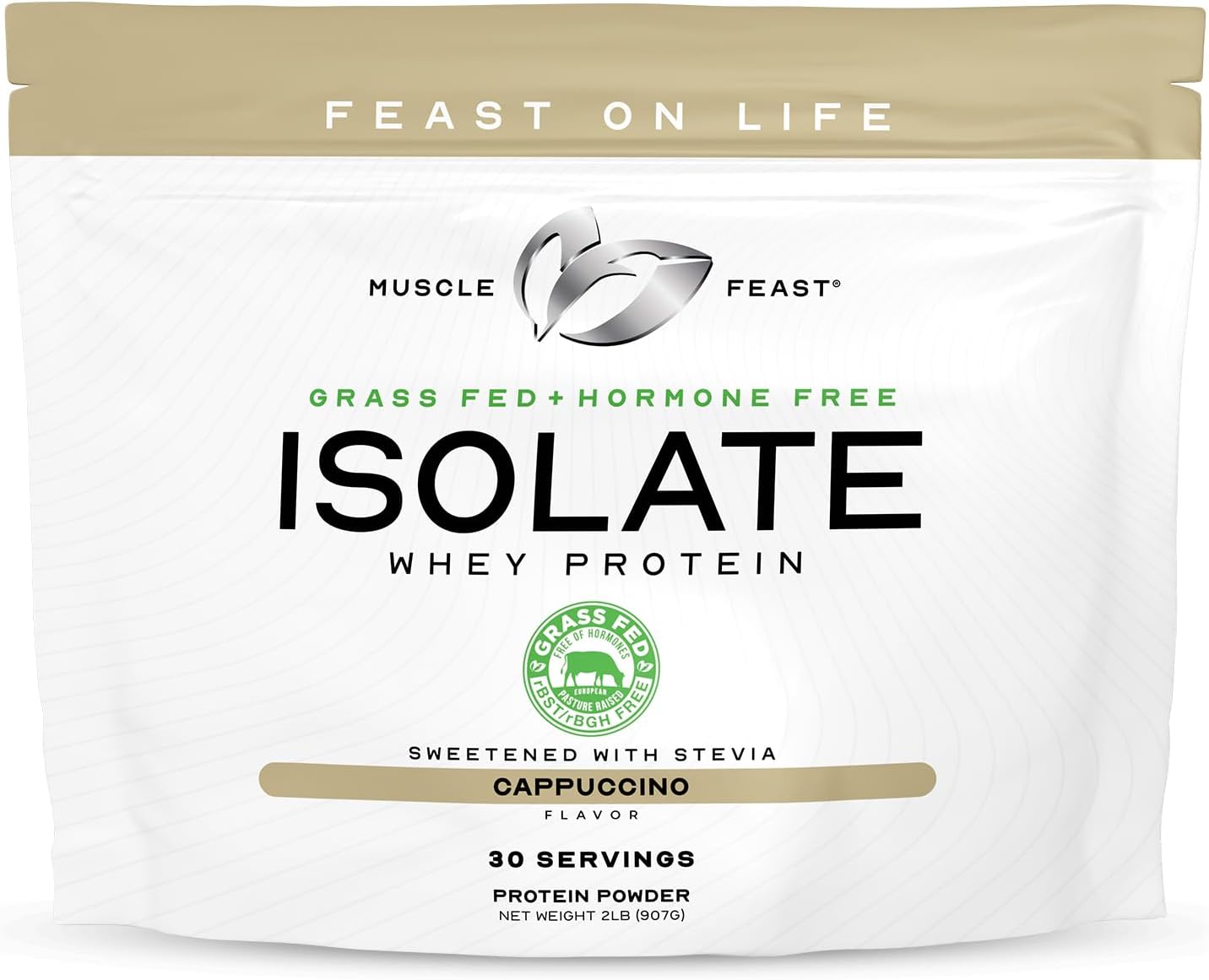 Grass-Fed Whey Protein Isolate, Hormone-Free, Cappuccino Flavor, 2lb - Muscle Feast