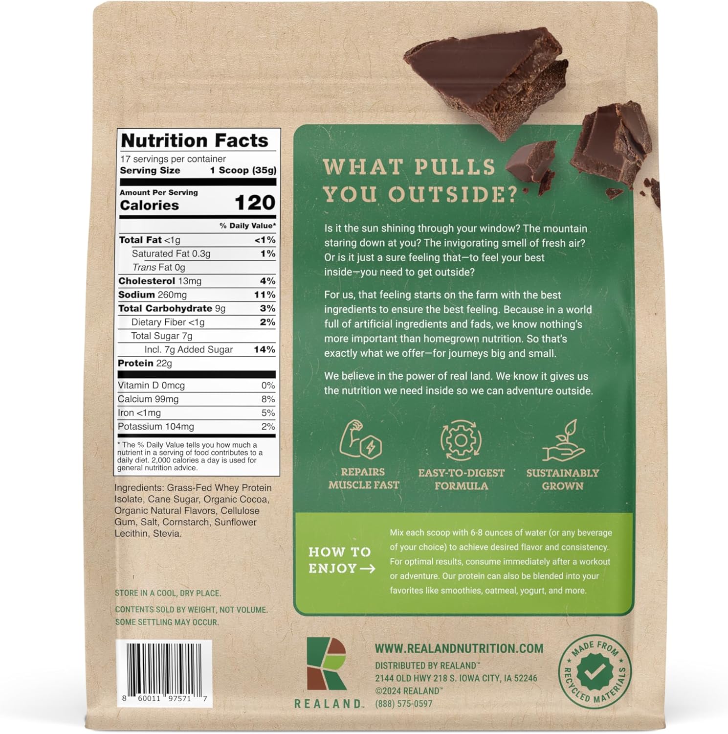 Grass-Fed Whey Protein Isolate Powder - Chocolate Flavor - 22g Protein - 17 Servings - Muscle Recovery