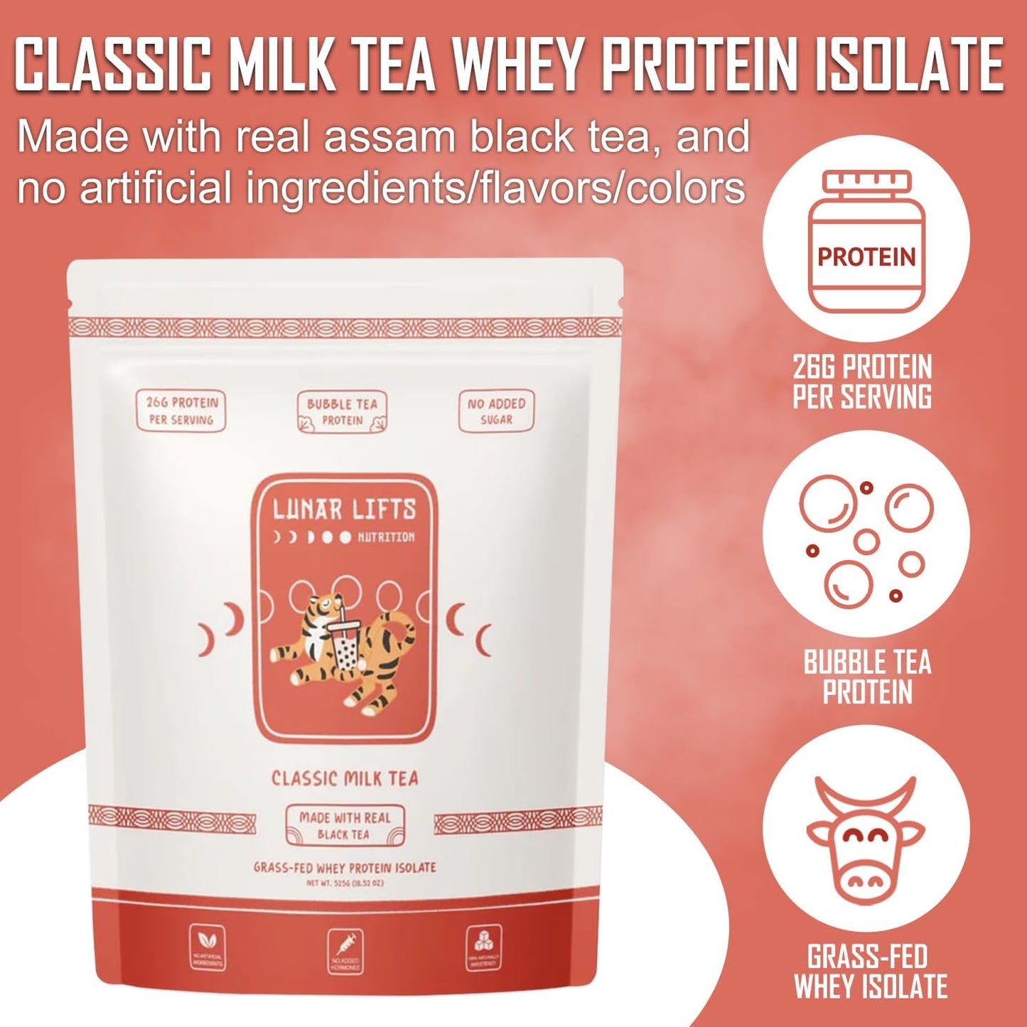 Grass-Fed Whey Protein Isolate Powder for Bubble Tea | Classic Milk Tea Boba Flavor | 26g Protein | No Sugar or Artificial Ingredients