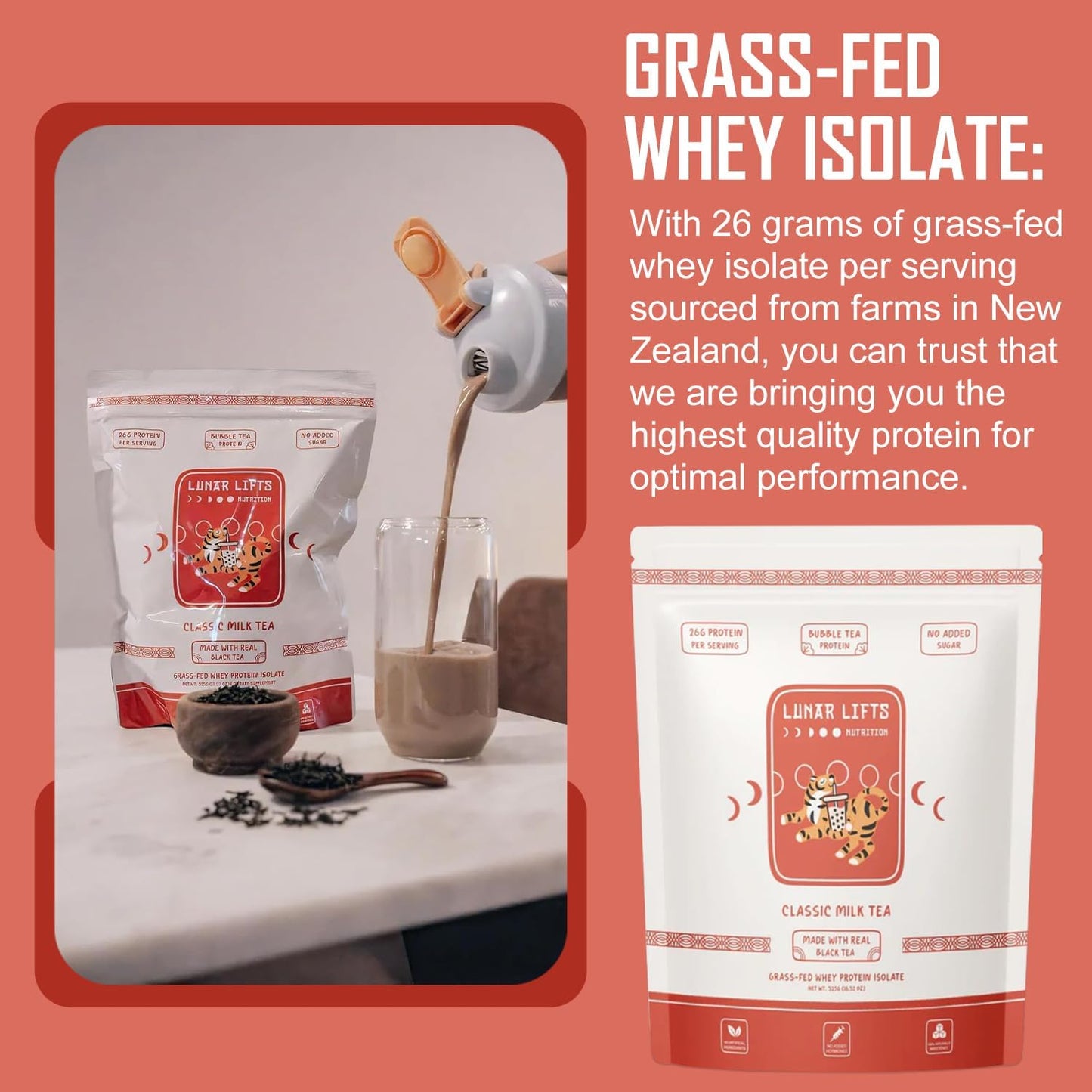 Grass-Fed Whey Protein Isolate Powder for Bubble Tea | Classic Milk Tea Boba Flavor | 26g Protein | No Sugar or Artificial Ingredients