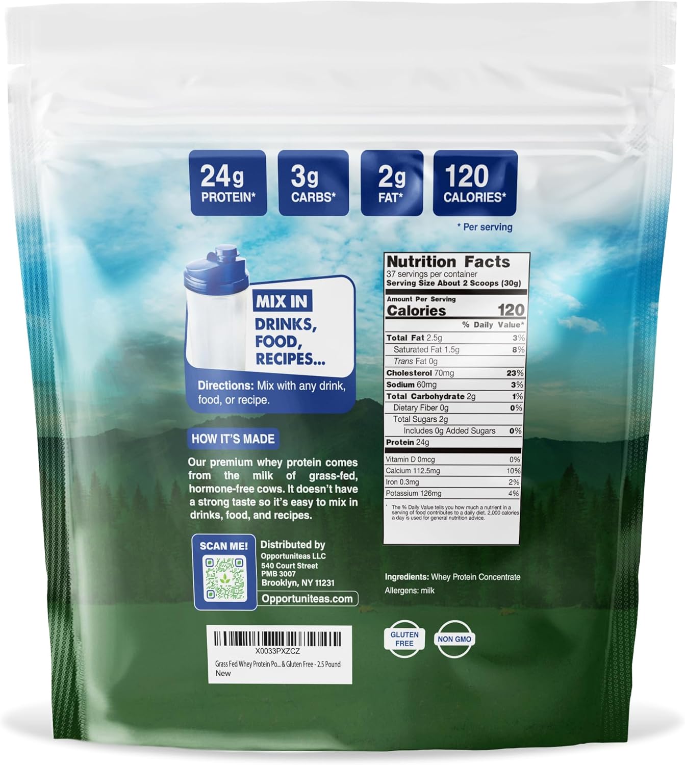 Grass Fed Whey Protein Powder Concentrate - Unflavored & Unsweetened - Pure Protein Supplement for Smoothies, Shakes, Cooking & Baking - Non GMO, Hormone Free - 2.5 lb