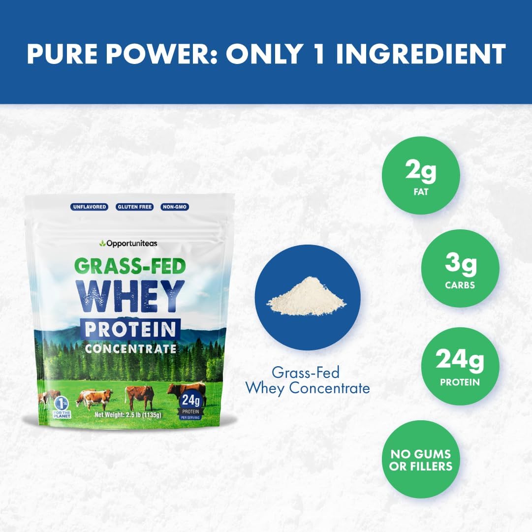 Grass Fed Whey Protein Powder Concentrate - Unflavored & Unsweetened - Pure Protein Supplement for Smoothies, Shakes, Cooking & Baking - Non GMO, Hormone Free - 2.5 lb
