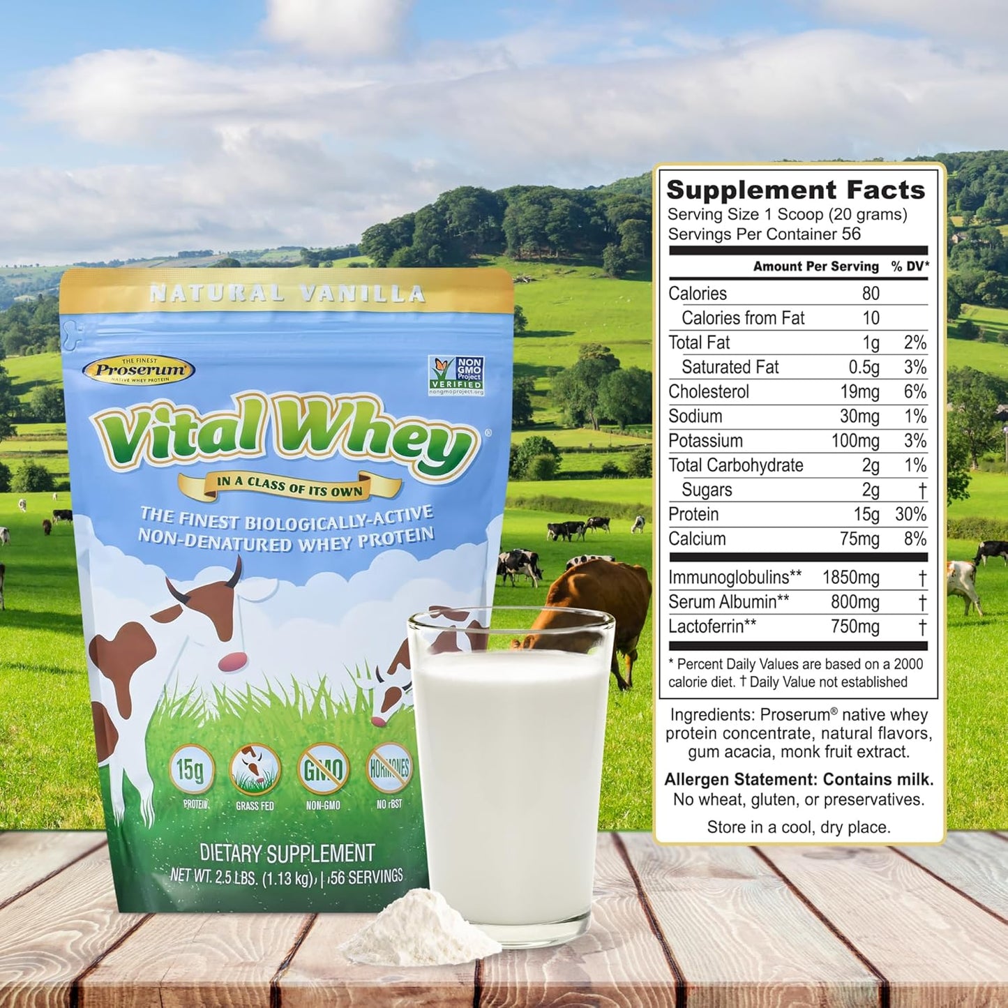 Grass-Fed Whey Protein Powder for Immune Vitality, Natural Vanilla - 2.5lbs (56 Servings), 15g Protein/Serve - Vital Whey