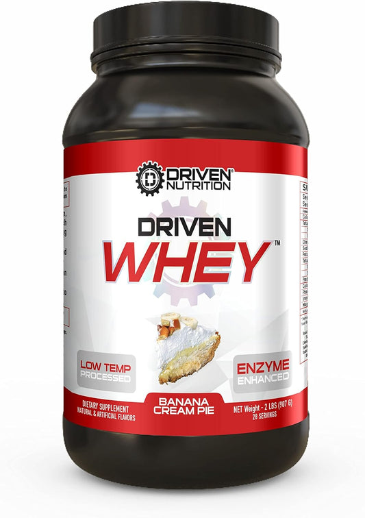 Grass Fed Whey Protein Powder with BCAA and Digestive Enzymes - Banana Pie Flavor - 23g Protein for Muscle Recovery - 2lb Size by Driven Nutrition