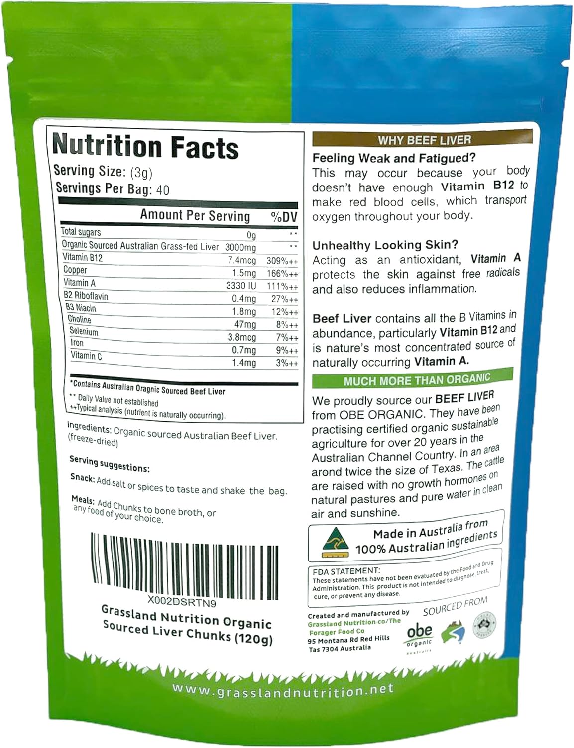 Grassland Nutrition Organic Liver Chunks - Freeze Dried for Energy Boost - Rich in Natural Iron, Vitamin A, B12 (120g)