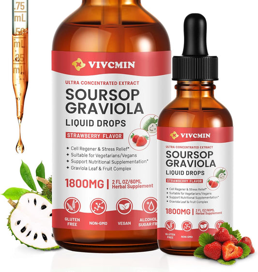 Graviola Soursop Leaf Extract Liquid - Immune Boost & Relaxation with Strawberry Flavor, 98% Absorption Rate, 2 Fl Oz