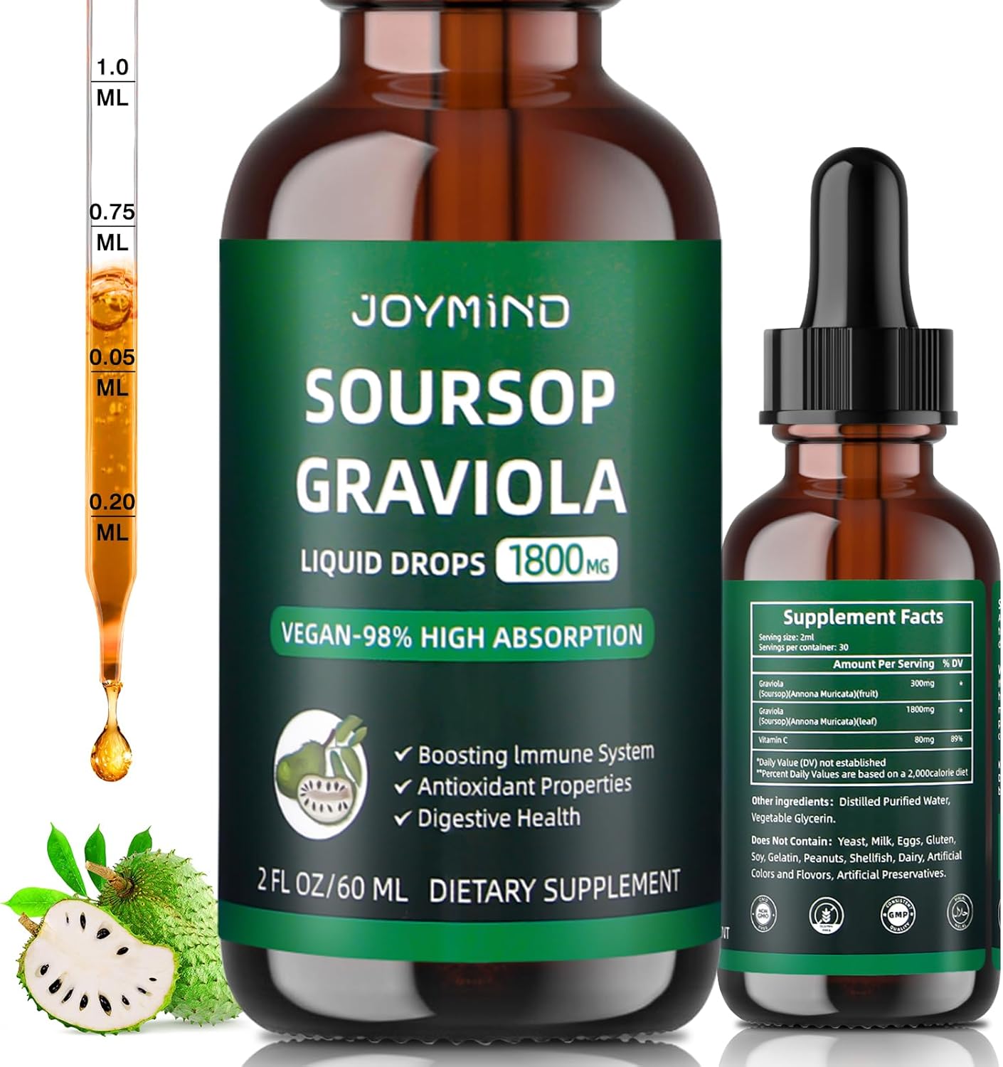 Graviola Soursop Leaf Extract Liquid - Immune Boost, Relaxation, Liver Support, Sleep Aid - Vegan, Sugar & Gluten Free - 98% Absorption - Natural Flavor - 2 Month Supply
