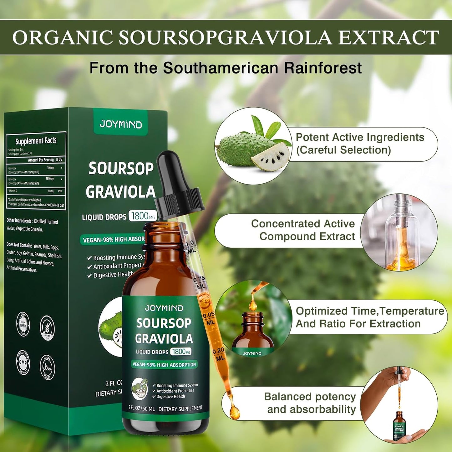 Graviola Soursop Leaf Extract Liquid - Immune Boost, Relaxation, Liver Support, Sleep Aid - Vegan, Sugar & Gluten Free - 98% Absorption - Natural Flavor - 2 Month Supply