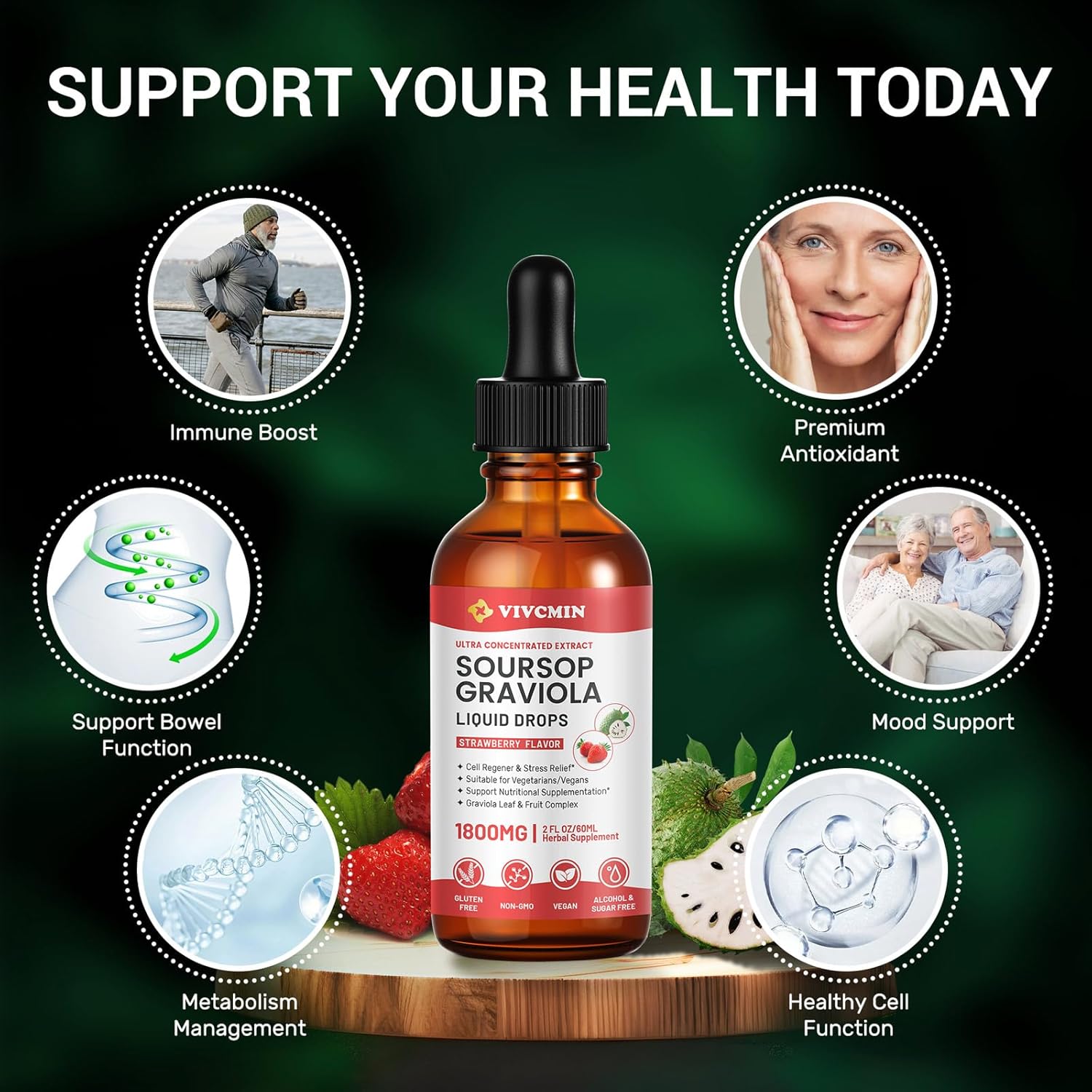 Graviola Soursop Leaf Extract Liquid - Immune Boost & Relaxation with Strawberry Flavor, 98% Absorption Rate, 2 Fl Oz