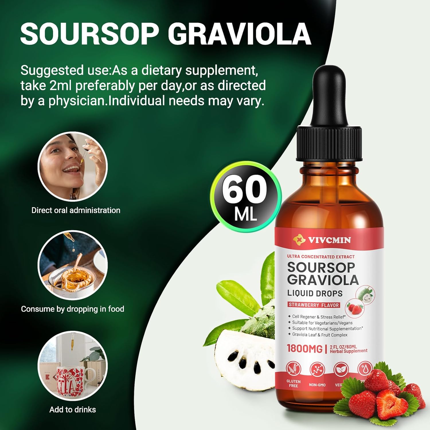 Graviola Soursop Leaf Extract Liquid - Immune Boost & Relaxation with Strawberry Flavor, 98% Absorption Rate, 2 Fl Oz