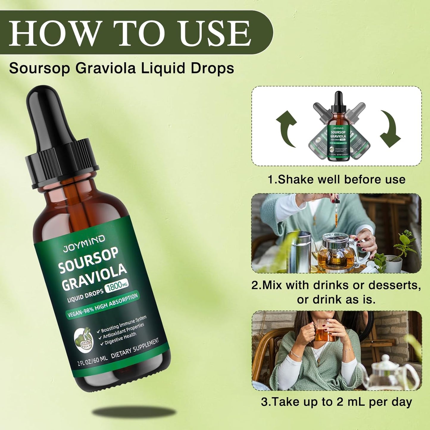 Graviola Soursop Leaf Extract Liquid - Immune Boost, Relaxation, Liver Support, Sleep Aid - Vegan, Sugar & Gluten Free - 98% Absorption - Natural Flavor - 2 Month Supply