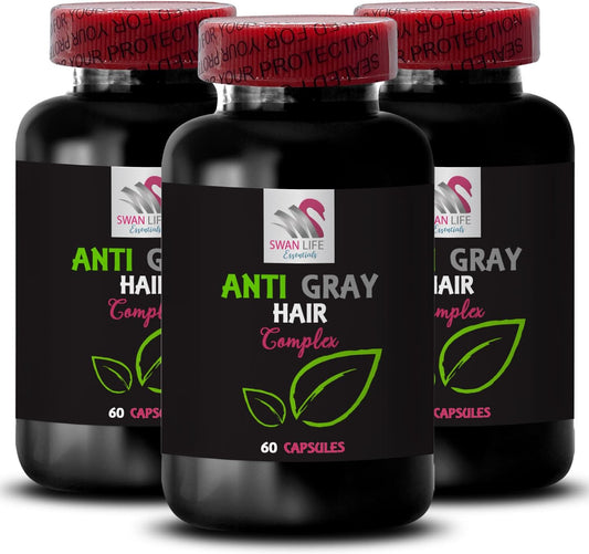 Gray Hair Supplement - Anti Gray Hair Complex for Vibrant Color & Longevity - Hair Shade Balance & Renewal - Gray Hair Solution - 3 Bottles, 180 Capsules