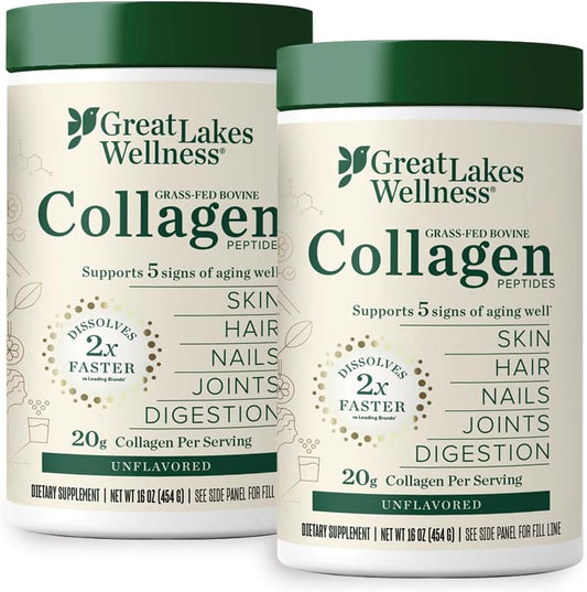 Great Lakes Wellness Collagen Peptides Powder Supplement - Unflavored Hydrolyzed Peptides for Skin, Hair, Nails, and Joints - Non-GMO, Keto, Paleo, Gluten-Free - 10 oz Canister, Pack of 2