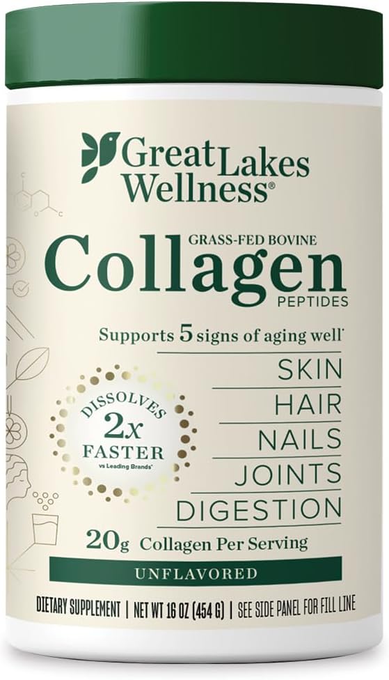 Great Lakes Wellness Collagen Peptides Powder Supplement - Unflavored Hydrolyzed Peptides for Skin, Hair, Nails, and Joints - Non-GMO, Keto, Paleo, Gluten-Free - 10 oz Canister, Pack of 2