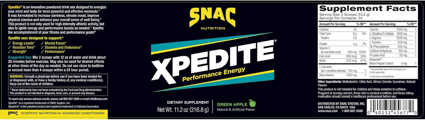 Green Apple Pre Workout Powder - SNAC XPEDITE Performance Energy Drink Supplement (24 Servings)