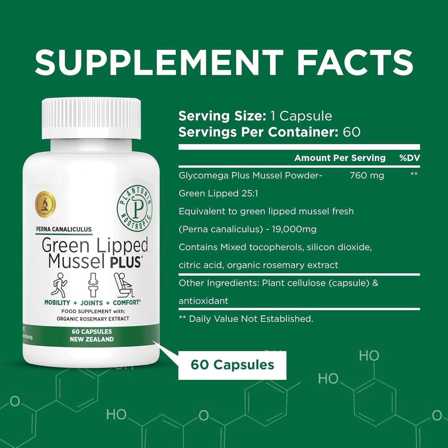 Green Lipped Mussel Capsules - 19,000mg Serving - Perna Canaliculus with Omega 3 - Joint Mobility & Circulation Support - Non GMO - 60 Capsules