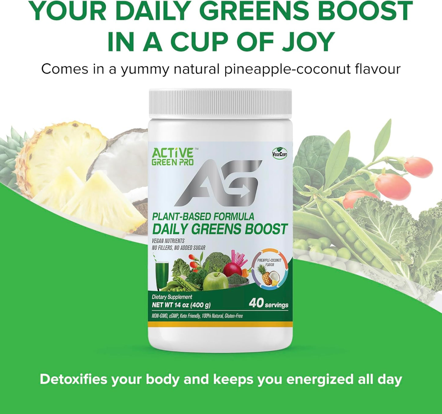 Green Superfood Powder with 14 Different Superfoods for Daily Health and Detox - Packed with Antioxidants, Fiber, Vitamins, and Minerals - Active Green Pro Formula