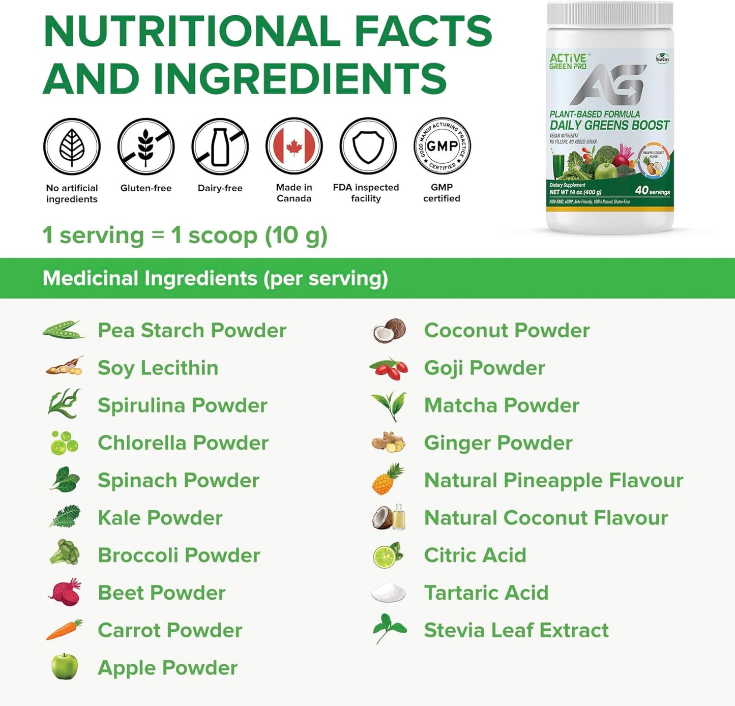 Green Superfood Powder with 14 Different Superfoods for Daily Health and Detox - Packed with Antioxidants, Fiber, Vitamins, and Minerals - Active Green Pro Formula