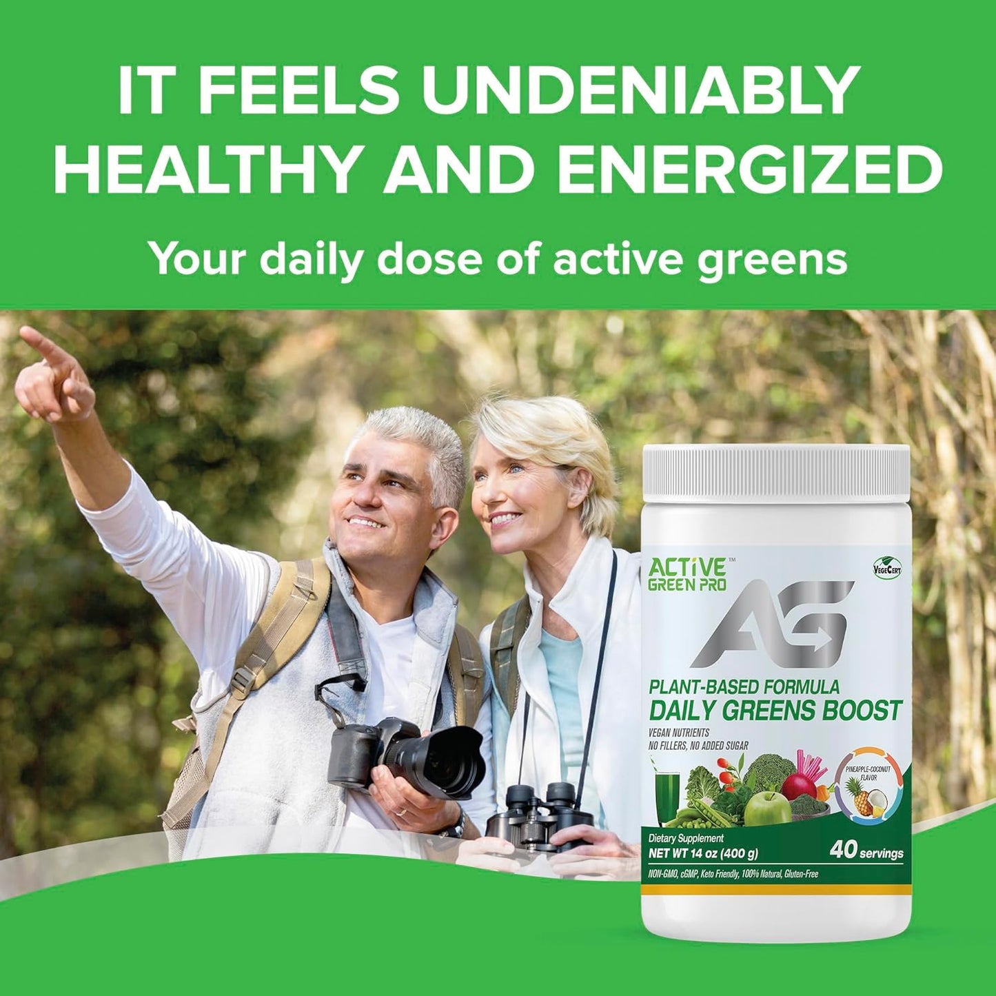 Green Superfood Powder with 14 Different Superfoods for Daily Health and Detox - Packed with Antioxidants, Fiber, Vitamins, and Minerals - Active Green Pro Formula