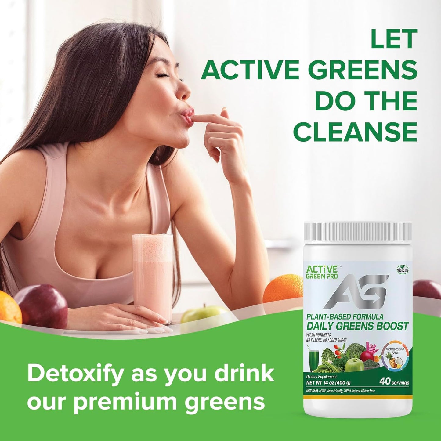 Green Superfood Powder with 14 Different Superfoods for Daily Health and Detox - Packed with Antioxidants, Fiber, Vitamins, and Minerals - Active Green Pro Formula