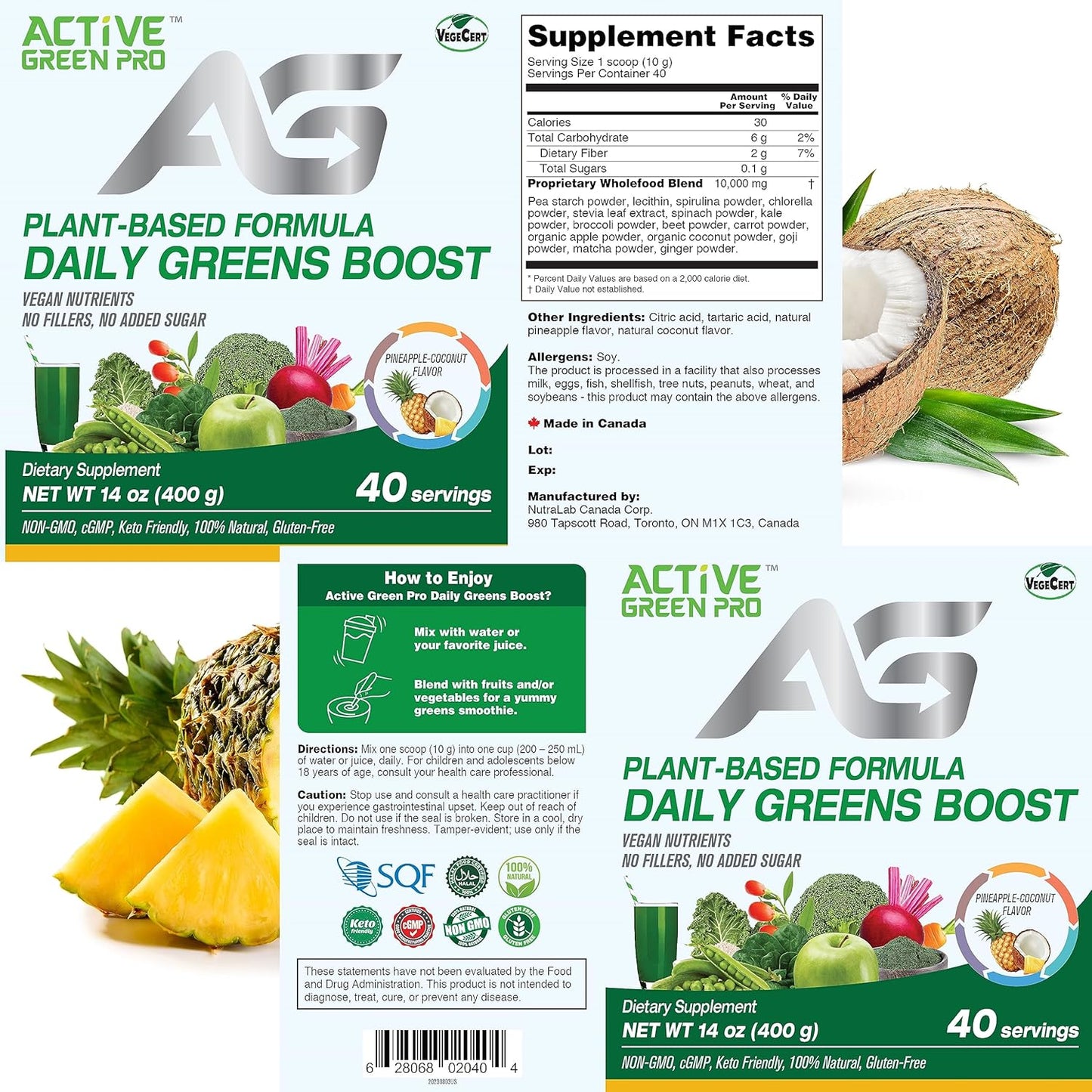 Green Superfood Powder with 14 Different Superfoods for Daily Health and Detox - Packed with Antioxidants, Fiber, Vitamins, and Minerals - Active Green Pro Formula