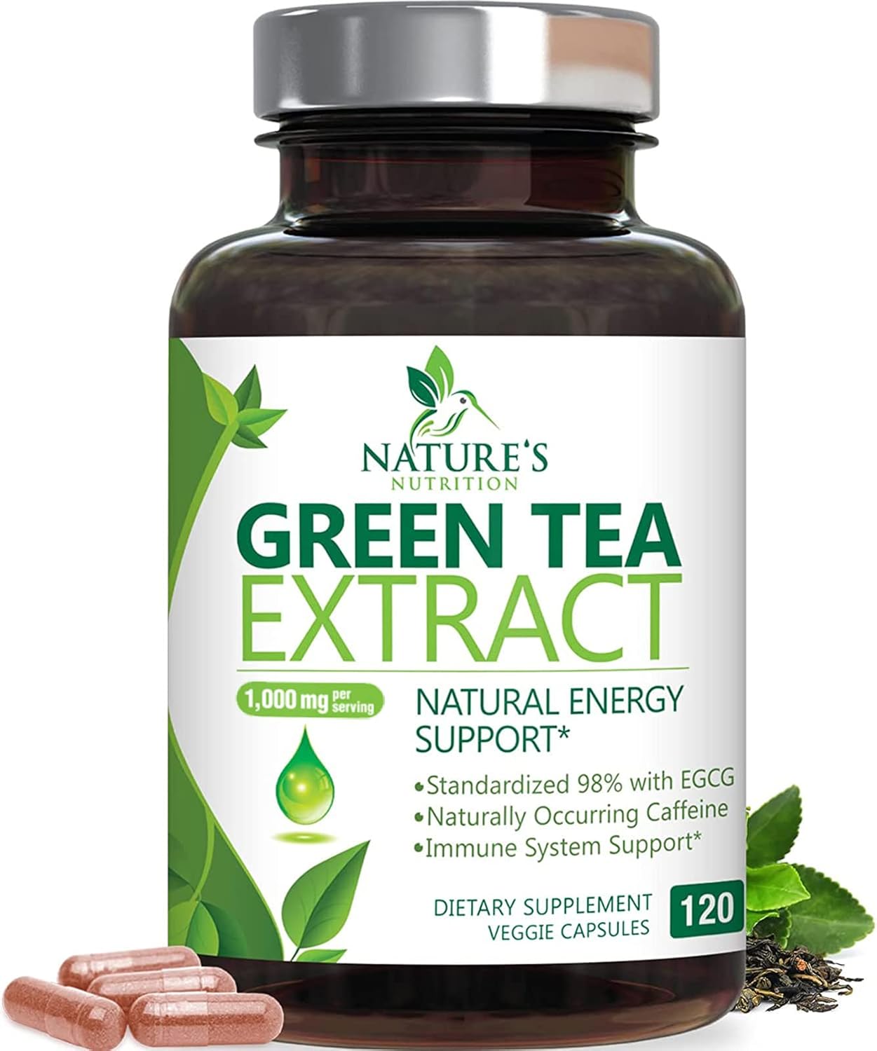 Green Tea Extract Capsules 1000mg - 98% Standardized EGCG - 3X Strength for Natural Energy - Heart Support - Rich in Polyphenols - 120 Capsules