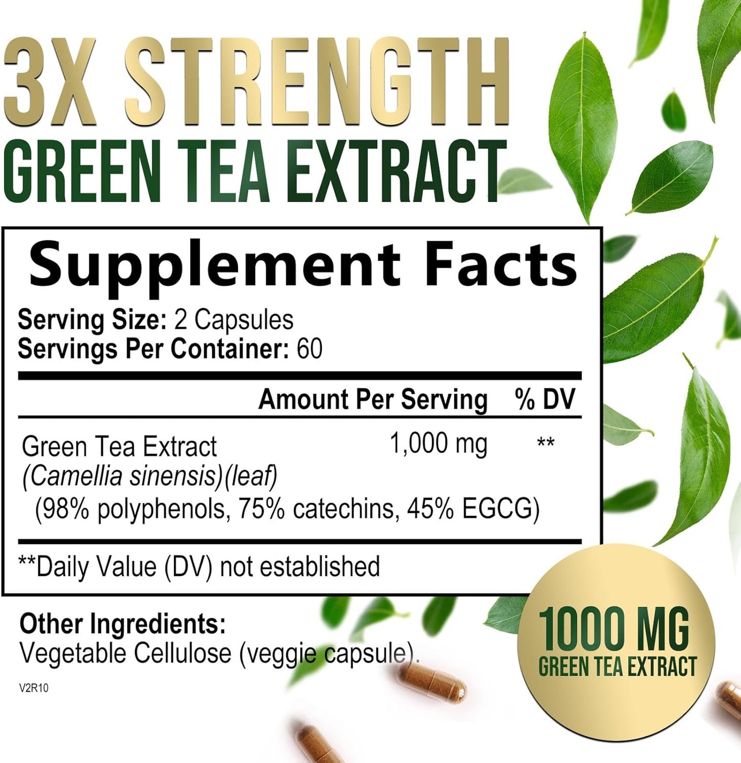 Green Tea Extract Capsules 1000mg - 98% Standardized EGCG - 3X Strength for Natural Energy - Heart Support - Rich in Polyphenols - 120 Capsules