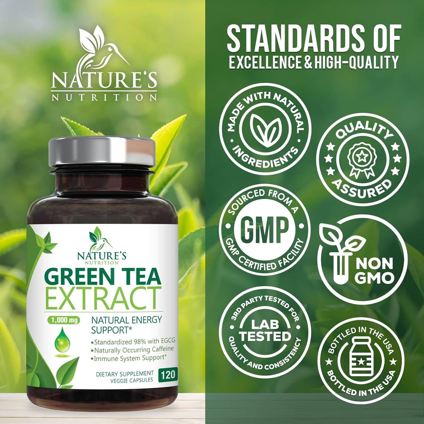 Green Tea Extract Capsules 1000mg - 98% Standardized EGCG - 3X Strength for Natural Energy - Heart Support - Rich in Polyphenols - 120 Capsules