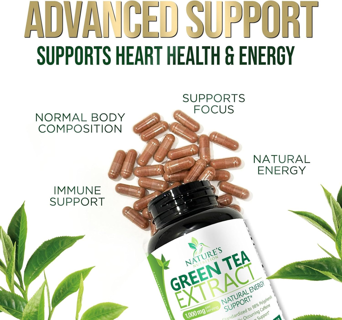 Green Tea Extract Capsules 1000mg - 98% Standardized EGCG - 3X Strength for Natural Energy - Heart Support - Rich in Polyphenols - 120 Capsules