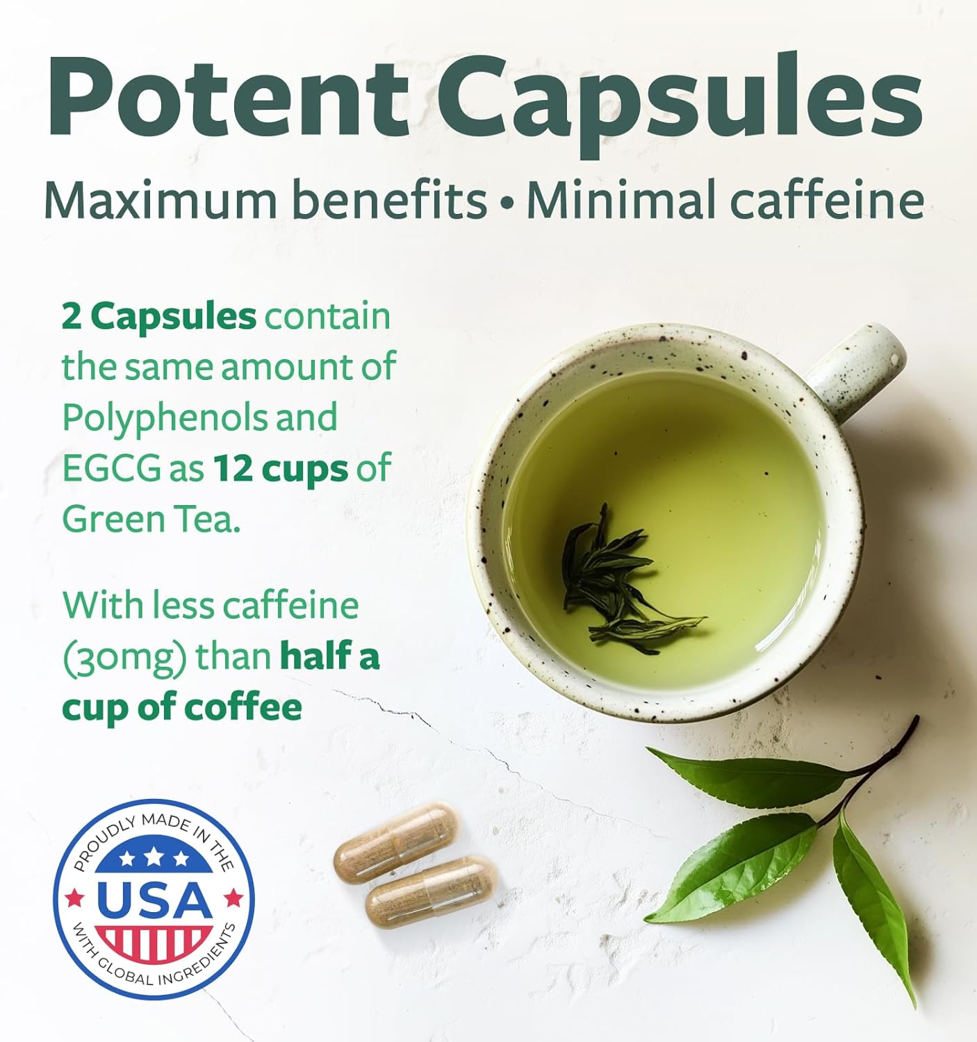 Green Tea Extract Capsules 98% with EGCG for Metabolism Boost - Antioxidant Supplement - Non-GMO - 1000mg - 30 Capsules