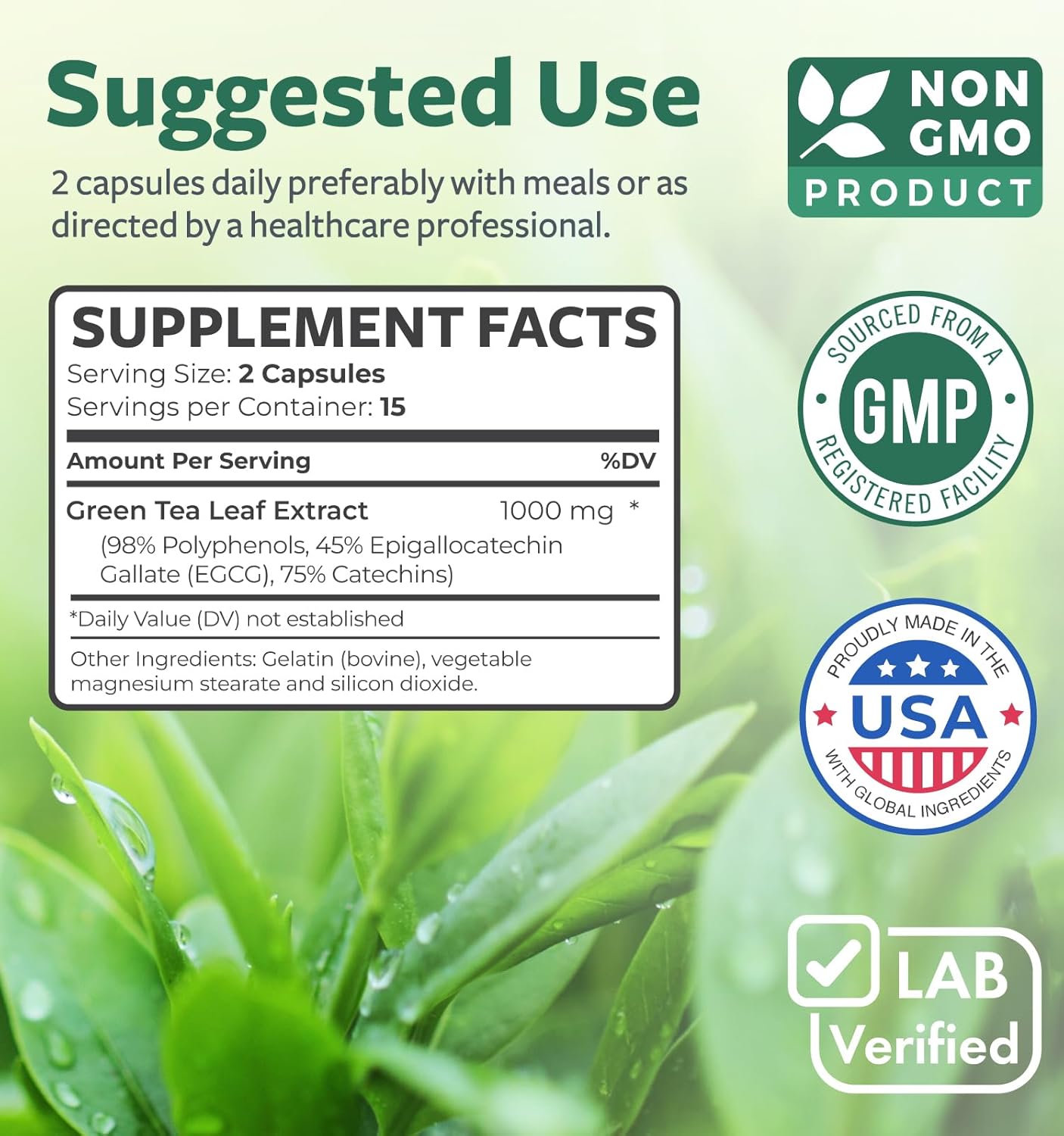 Green Tea Extract Capsules 98% with EGCG for Metabolism Boost - Antioxidant Supplement - Non-GMO - 1000mg - 30 Capsules