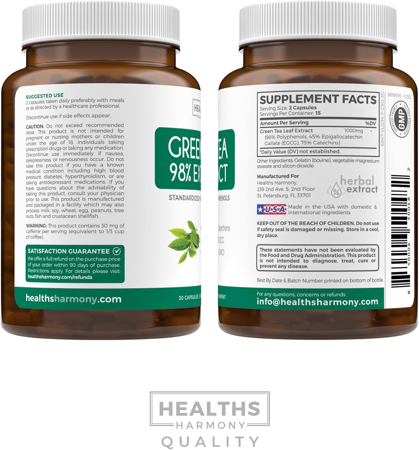 Green Tea Extract Capsules 98% with EGCG for Metabolism Boost - Antioxidant Supplement - Non-GMO - 1000mg - 30 Capsules