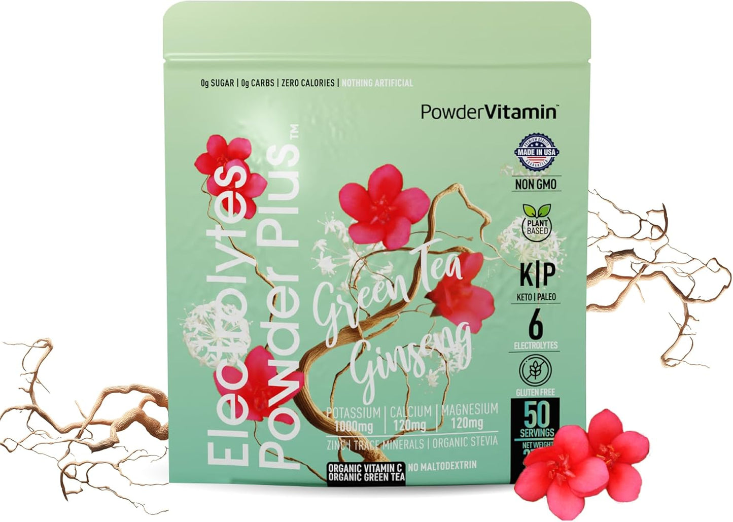 Green Tea Ginseng Electrolyte Powder - Keto-Friendly Sugar-Free Hydration Powder with Pink Himalayan Salt, 1000mg Potassium, 120mg Calcium, and 120mg Magnesium - 50 Servings