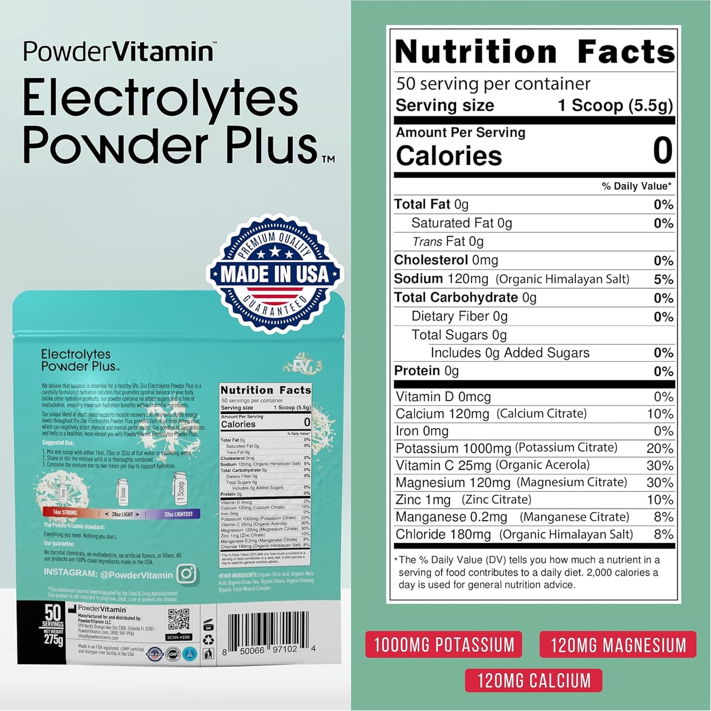 Green Tea Ginseng Electrolyte Powder - Keto-Friendly Sugar-Free Hydration Powder with Pink Himalayan Salt, 1000mg Potassium, 120mg Calcium, and 120mg Magnesium - 50 Servings