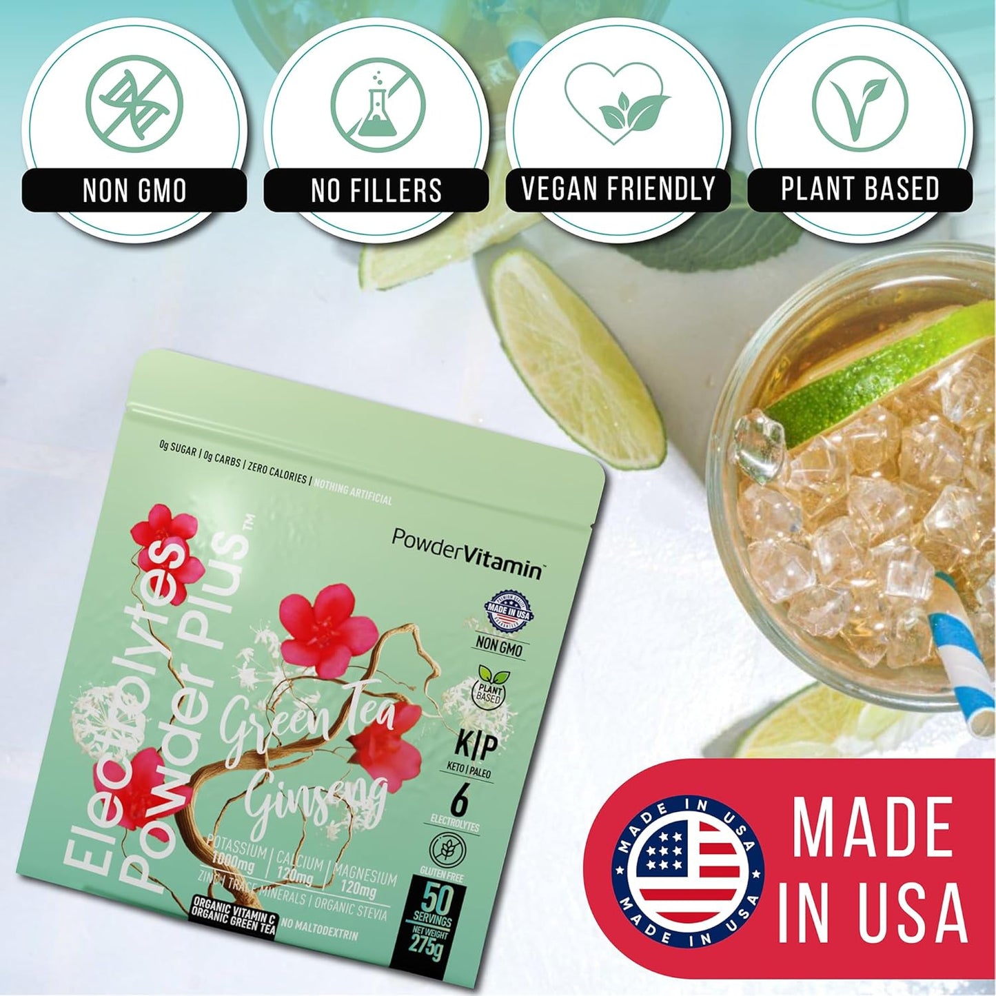 Green Tea Ginseng Electrolyte Powder - Keto-Friendly Sugar-Free Hydration Powder with Pink Himalayan Salt, 1000mg Potassium, 120mg Calcium, and 120mg Magnesium - 50 Servings