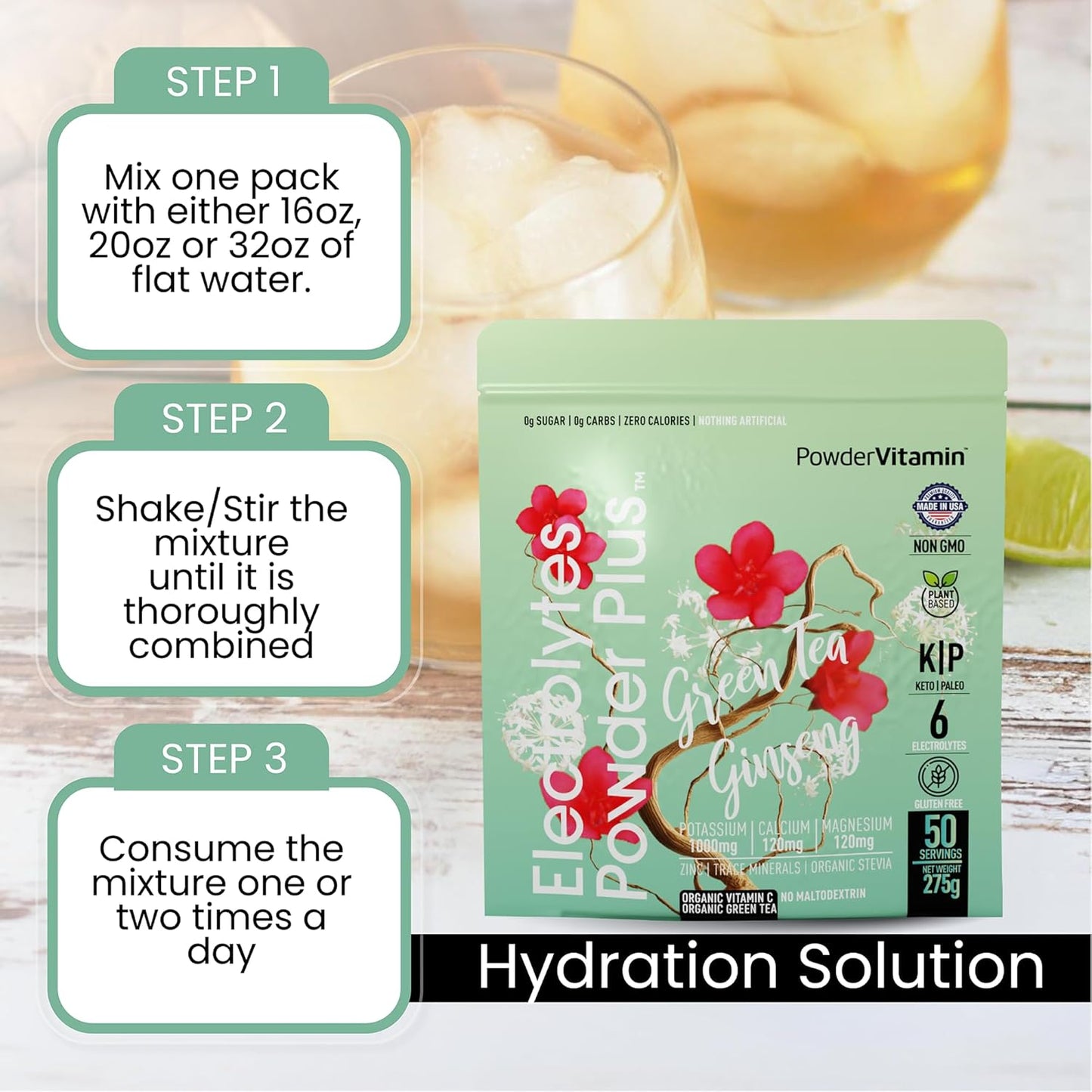 Green Tea Ginseng Electrolyte Powder - Keto-Friendly Sugar-Free Hydration Powder with Pink Himalayan Salt, 1000mg Potassium, 120mg Calcium, and 120mg Magnesium - 50 Servings