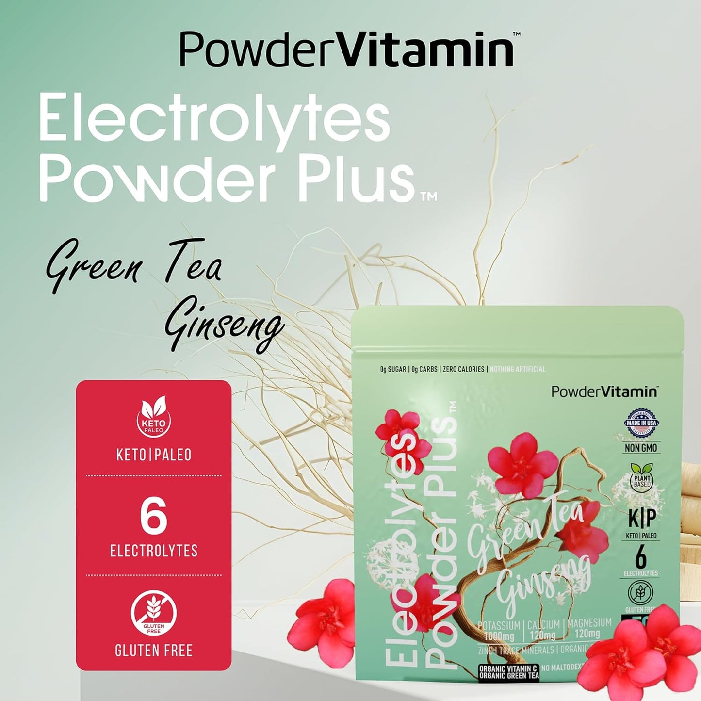 Green Tea Ginseng Electrolyte Powder - Keto-Friendly Sugar-Free Hydration Powder with Pink Himalayan Salt, 1000mg Potassium, 120mg Calcium, and 120mg Magnesium - 50 Servings