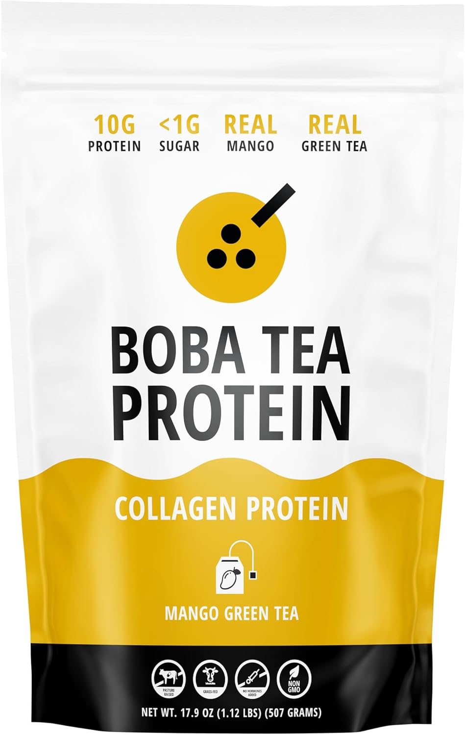 Green Tea Mango Boba Protein Collagen Powder - 30 Servings, Grass-Fed Hydrolyzed Bovine Formula for Hair, Skin, Nail, Bone, Joint Health - No Sugar Added