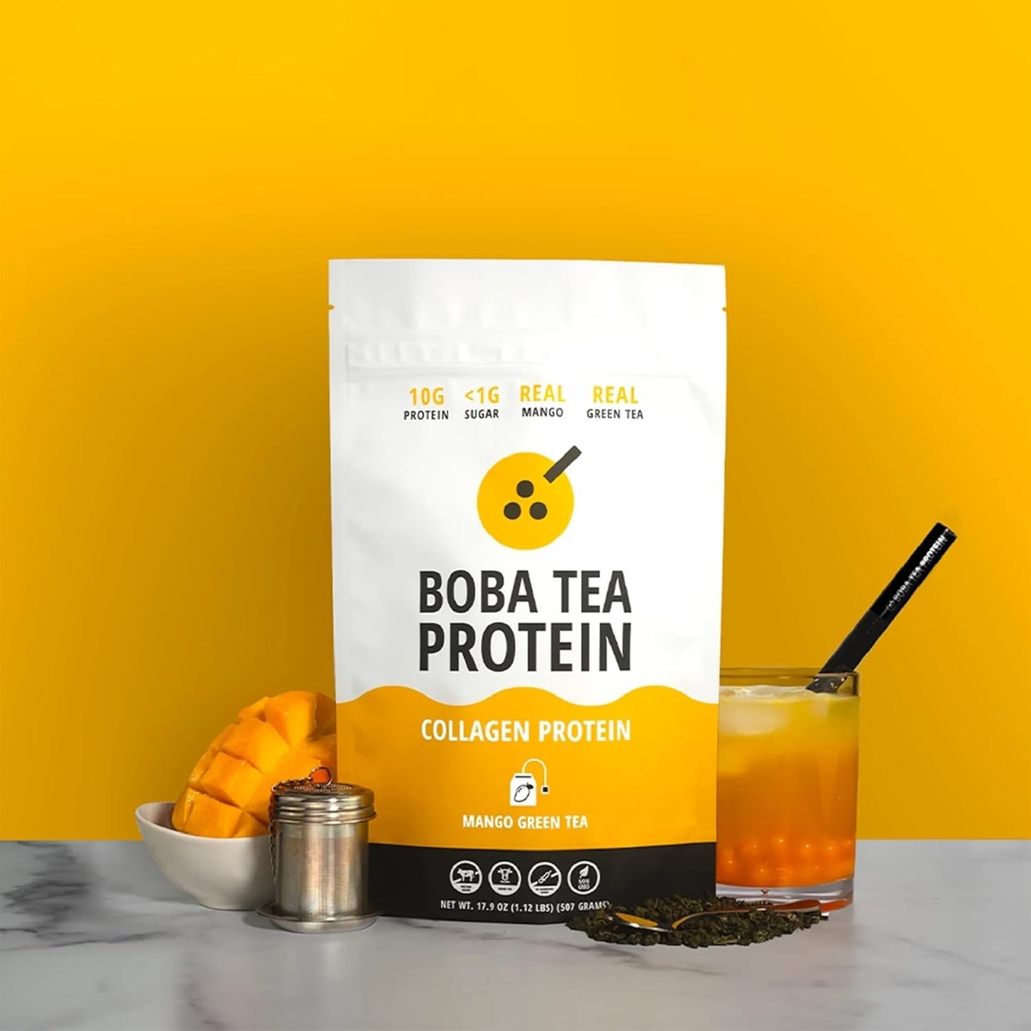 Green Tea Mango Boba Protein Collagen Powder - 30 Servings, Grass-Fed Hydrolyzed Bovine Formula for Hair, Skin, Nail, Bone, Joint Health - No Sugar Added